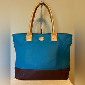 Tory Burch Jaden Canvass Blue & Dark Brown Tote with Tan Leather Handles